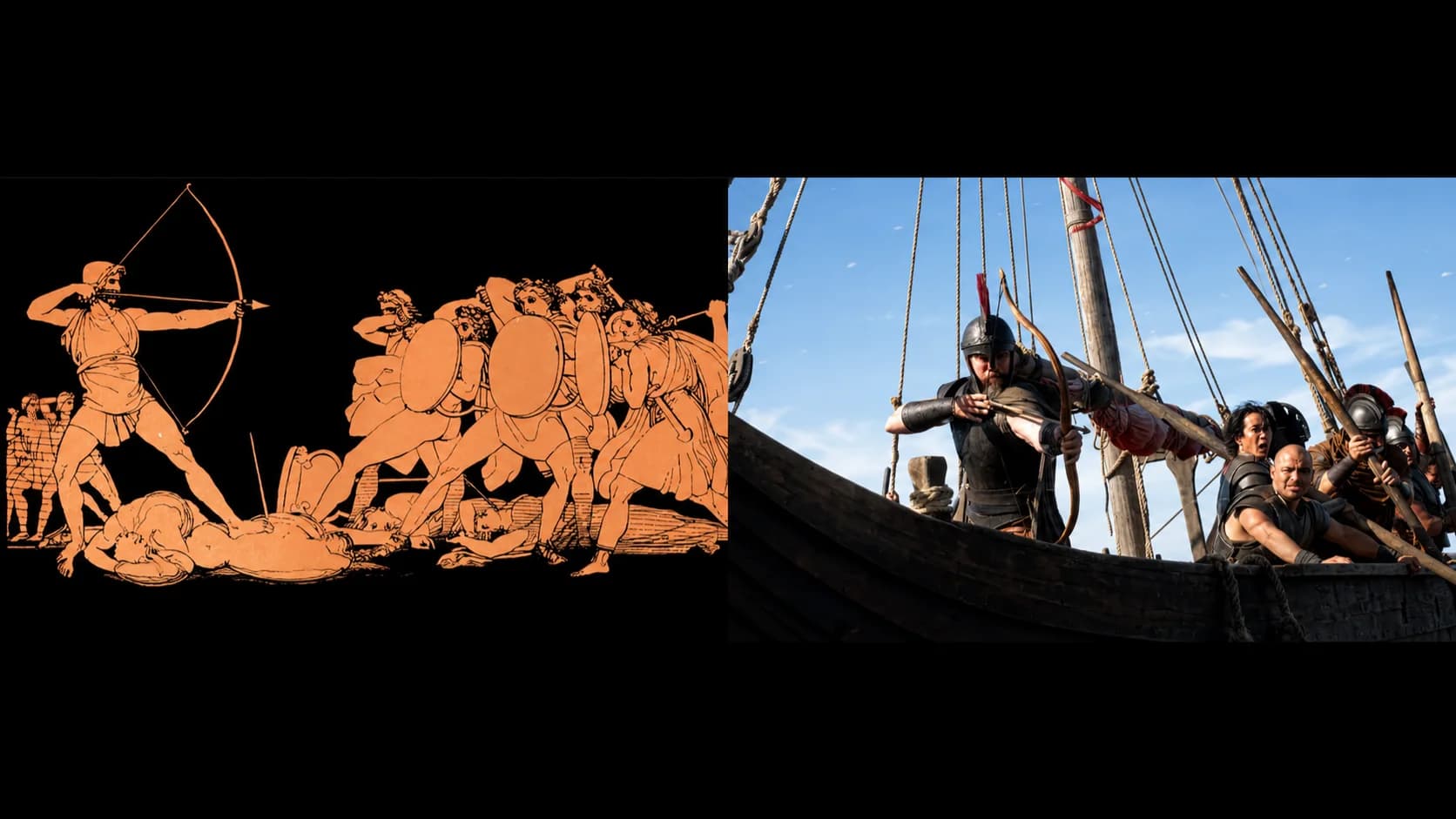 Odisseia de Homero em montagem visual que combina uma antiga ilustração grega de um arqueiro enfrentando guerreiros com escudos e uma cena cinematográfica de soldados armados com arcos e lanças em um navio de madeira.