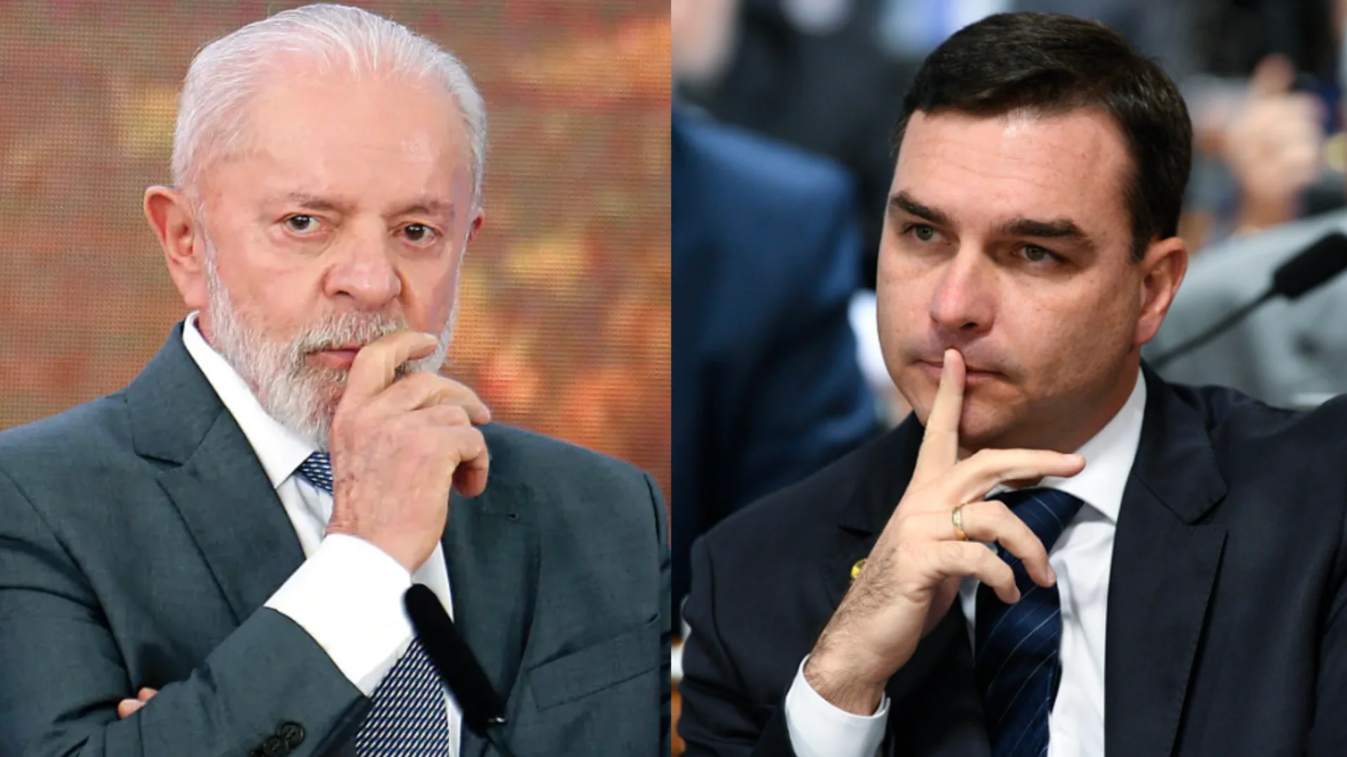 À esquerda, presidente Lula. À direita, senador Flávio Bolsonaro. Ambos pré-candidatos à presidência da República.
