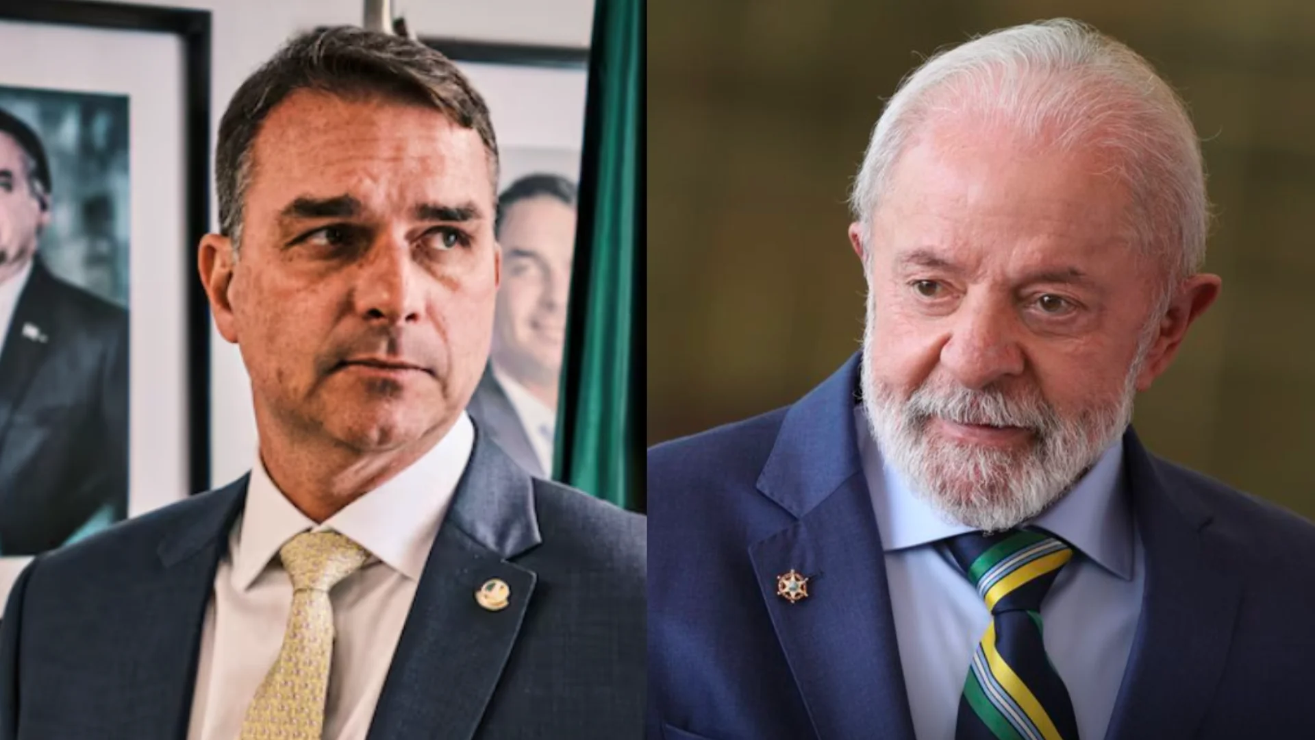 À esquerda, Flávio Bolsonaro. À direita, Lula.