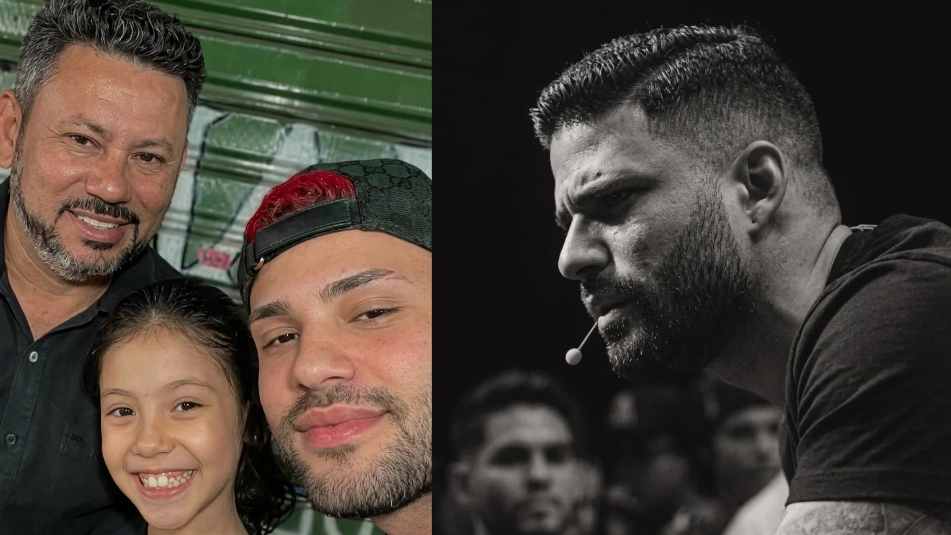 À esquerda, o dia em que Krawk perdoou o seu pai e reencontrou a irmã. À direita, Krawk durante palestra após a sua conversão.