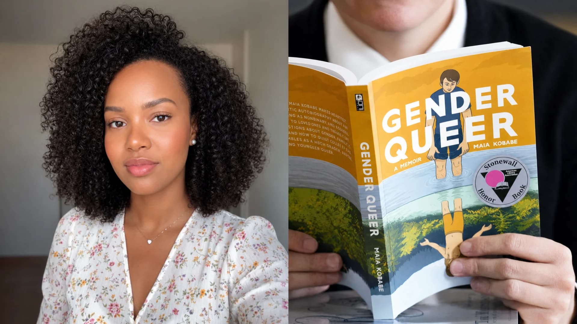 À esquerda, a influenciadora de literatura Caroline. À direita, o livro LGBT "Gender Queer". 
