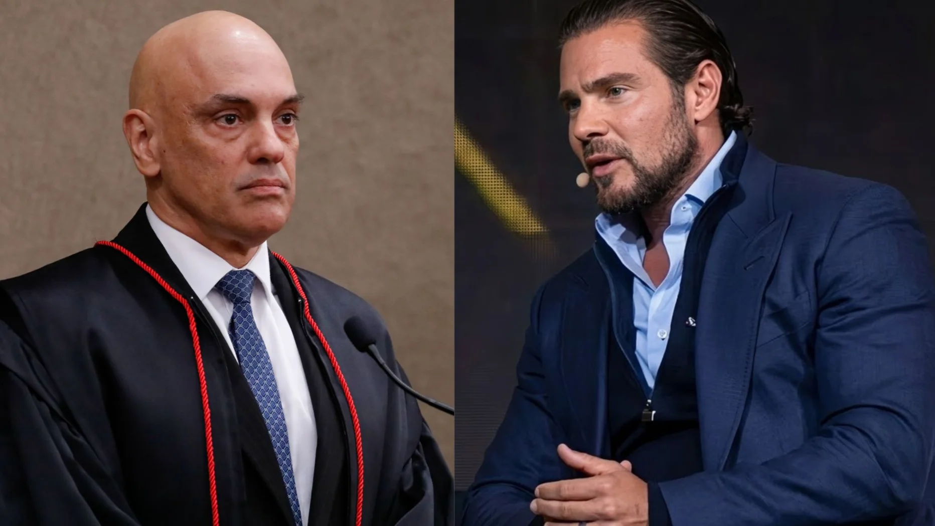 Montagem com duas fotos. À esquerda, o ministro Alexandre de Moraes em trajes oficiais de magistrado. À direita, o empresário Daniel Vorcaro, vestindo terno azul-marinho e camisa azul clara, gesticulando com as mãos durante uma fala.