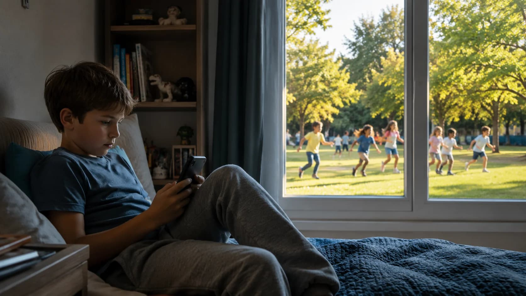 Criança com o celular dentro do quarto enquanto mais crianças brincam do lado de fora