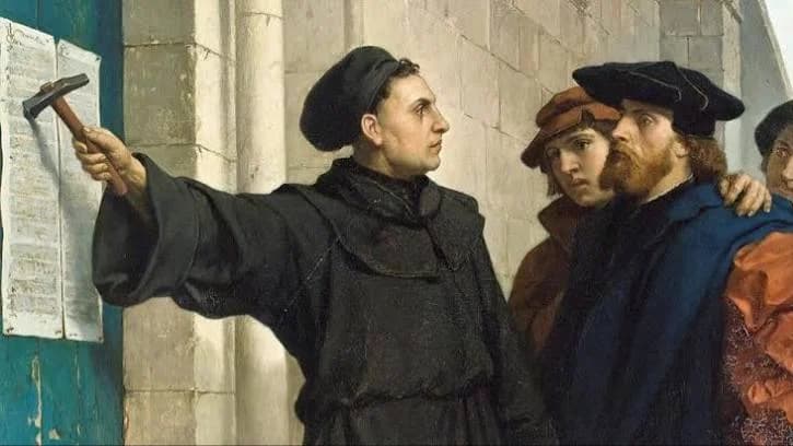 Pintura que representa Lutero pregando as teses. e dando início à Reforma Protestante