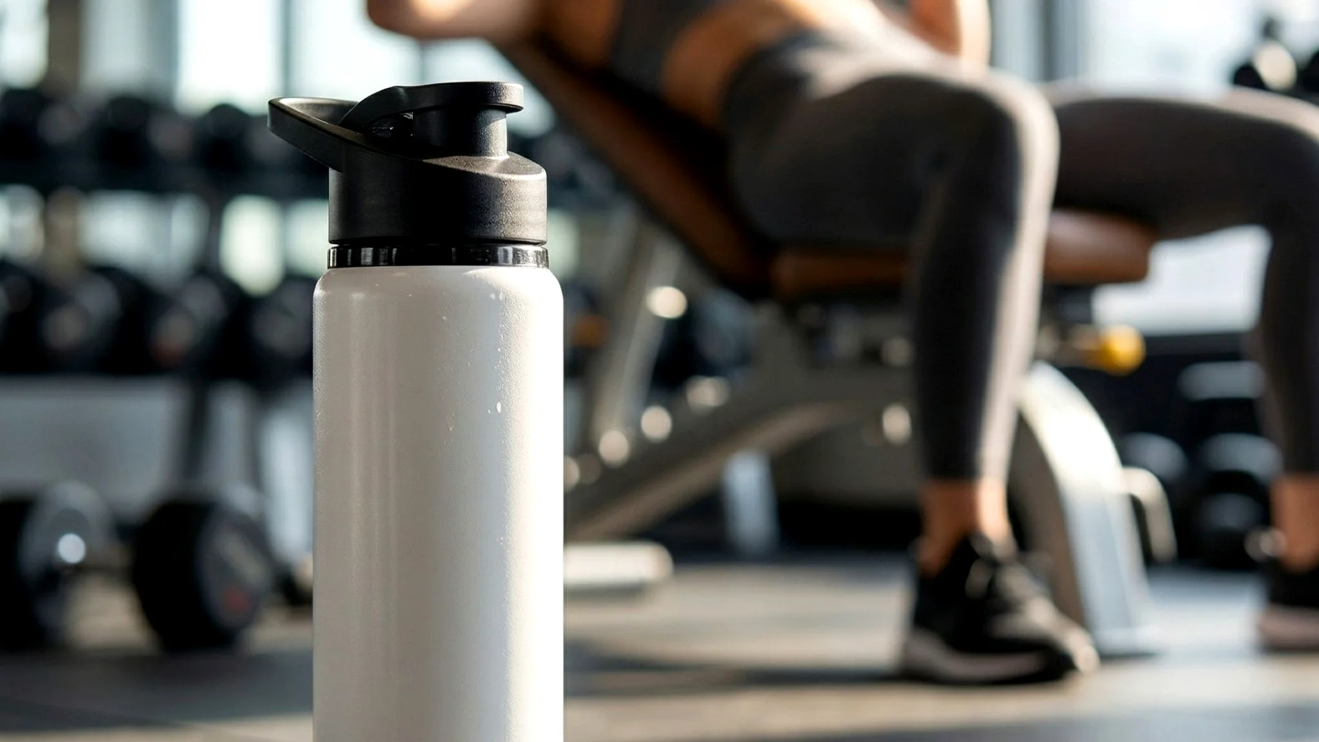 Garrafa de água esportiva branca com tampa preta em destaque no chão de uma academia, com uma pessoa treinando com halteres ao fundo em desfoque (bokeh). Estilo de vida saudável e hidratação no treino.