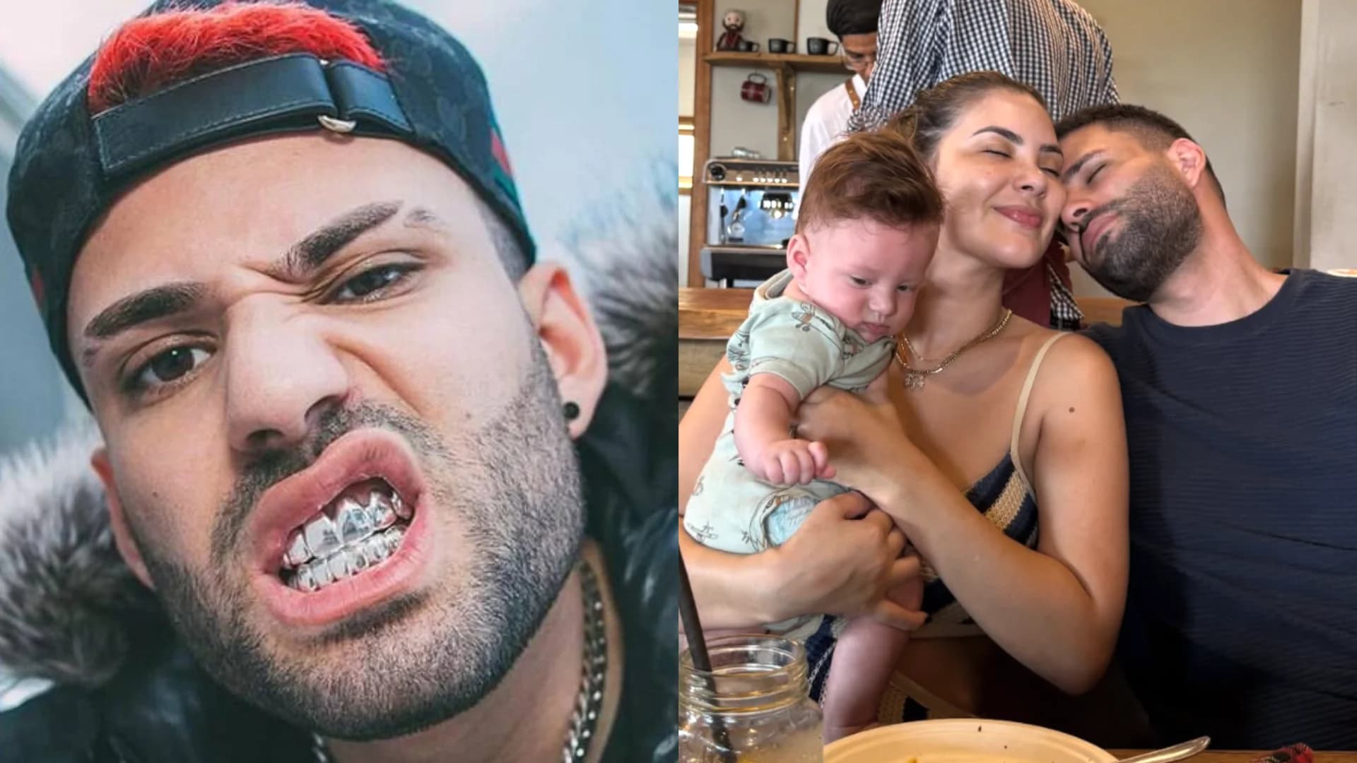 À esquerda, Krawk como rapper. À direita, Krawk com sua família após conversão. 