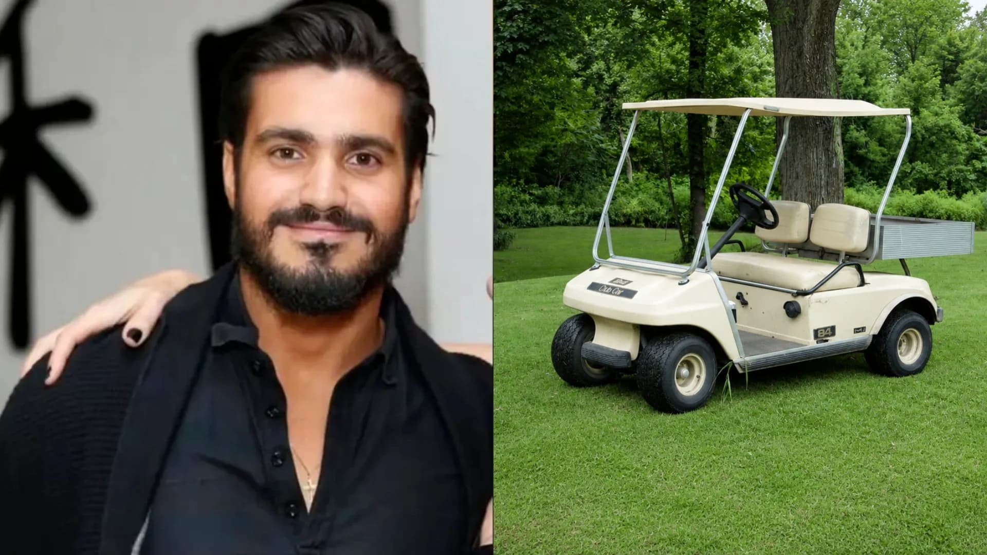 Felipe Vorcaro ao lado de um carrinho de golfe