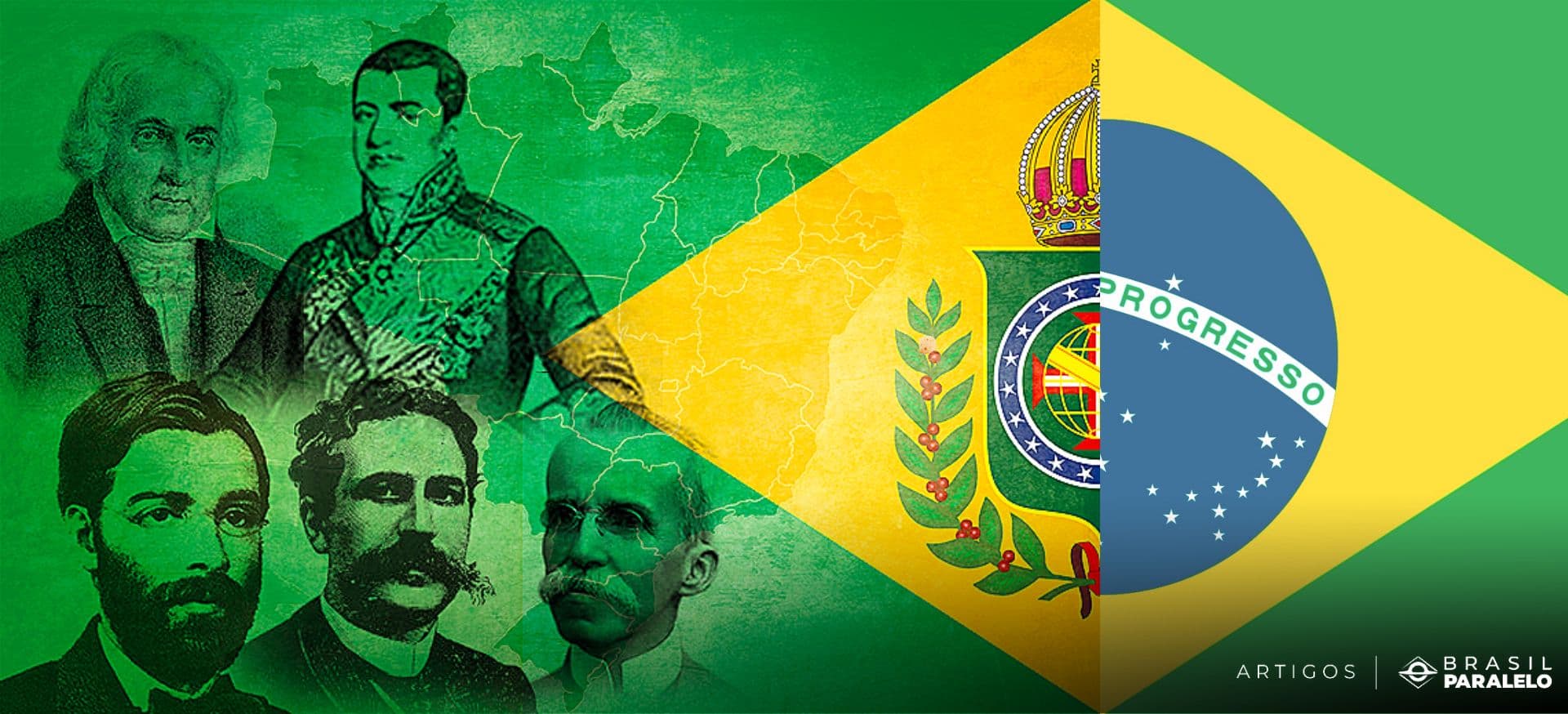 Bandeira do Brasil imperial e republicano com figuras conservadoras brasileiras.