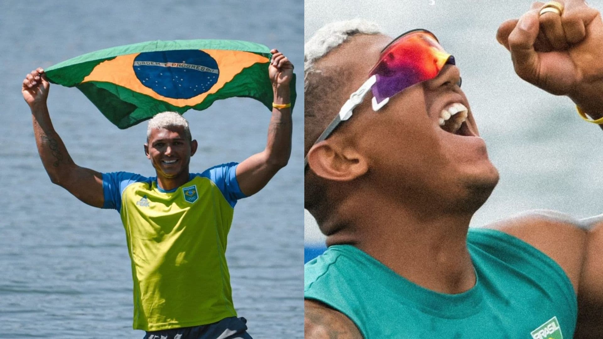 A esquerda Isaquias posa com a bandeira do Brasil. A direita ele vibra pela medalha de prata