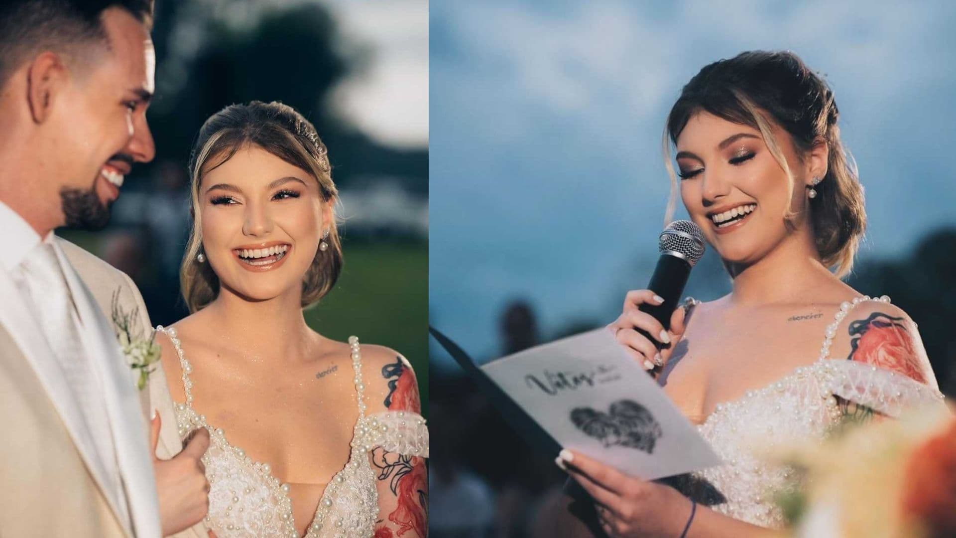 Isabel e o marido aparecem em seu casamento.