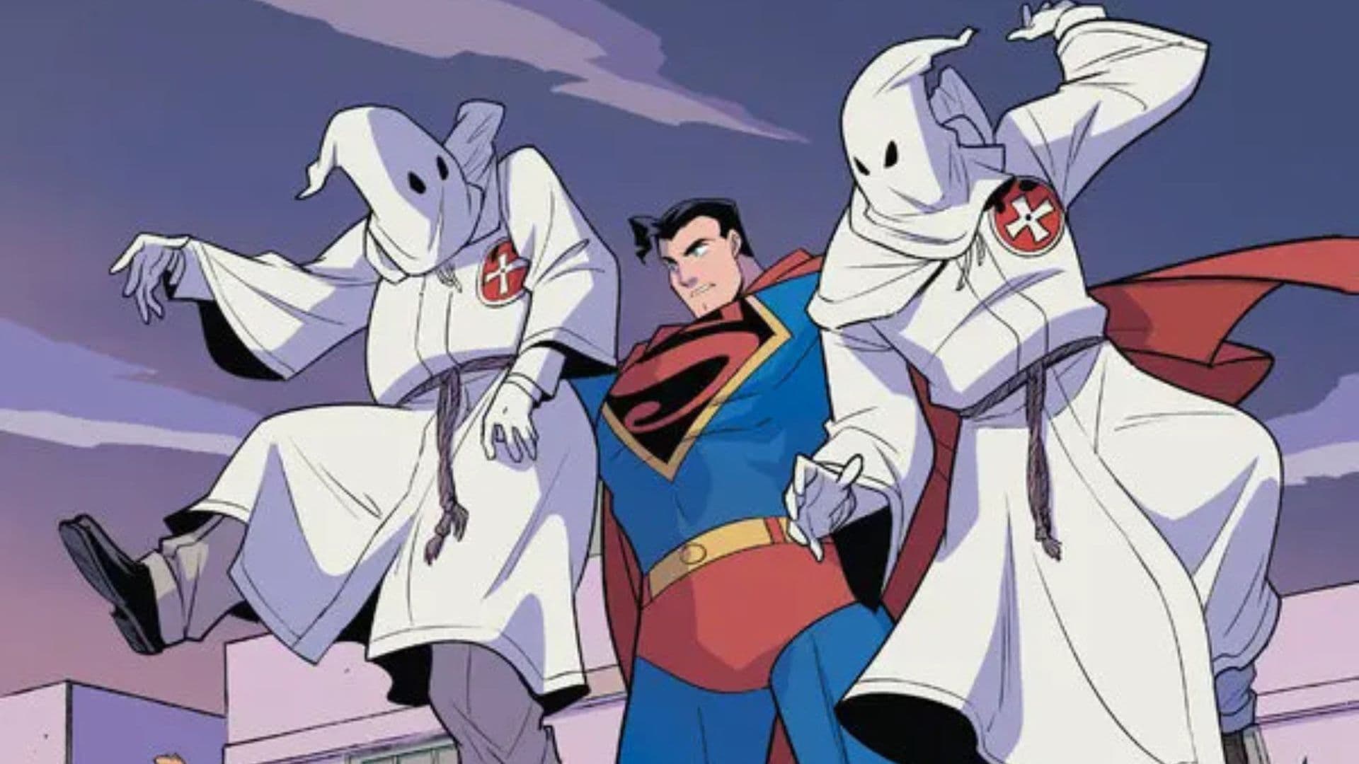 Imagem de uma HQ que mostra o herói vencendo a KKK.