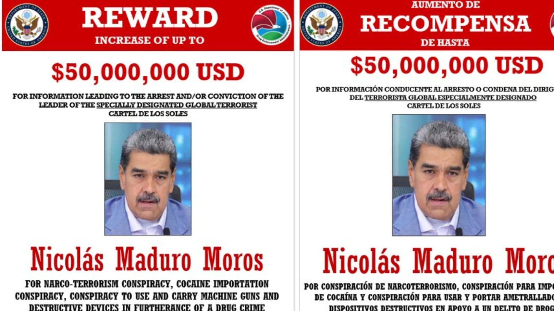 Poster oferecendo recompensa de US$50 milhões para informações que levem à captura de Nicolás Maduro