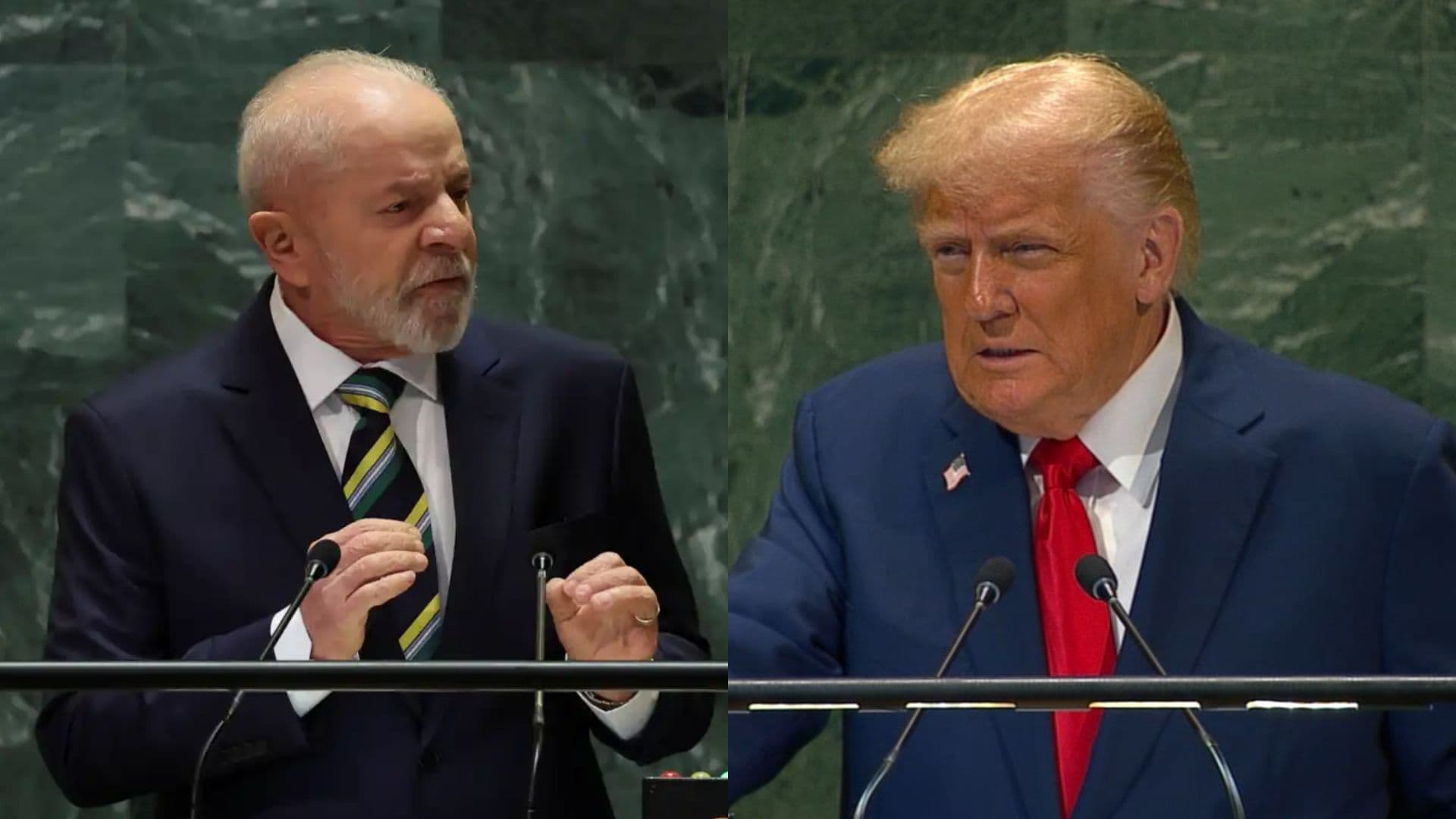 À esquerda, Lula. À direita, Trump. Ambos discursaram hoje na ONU.