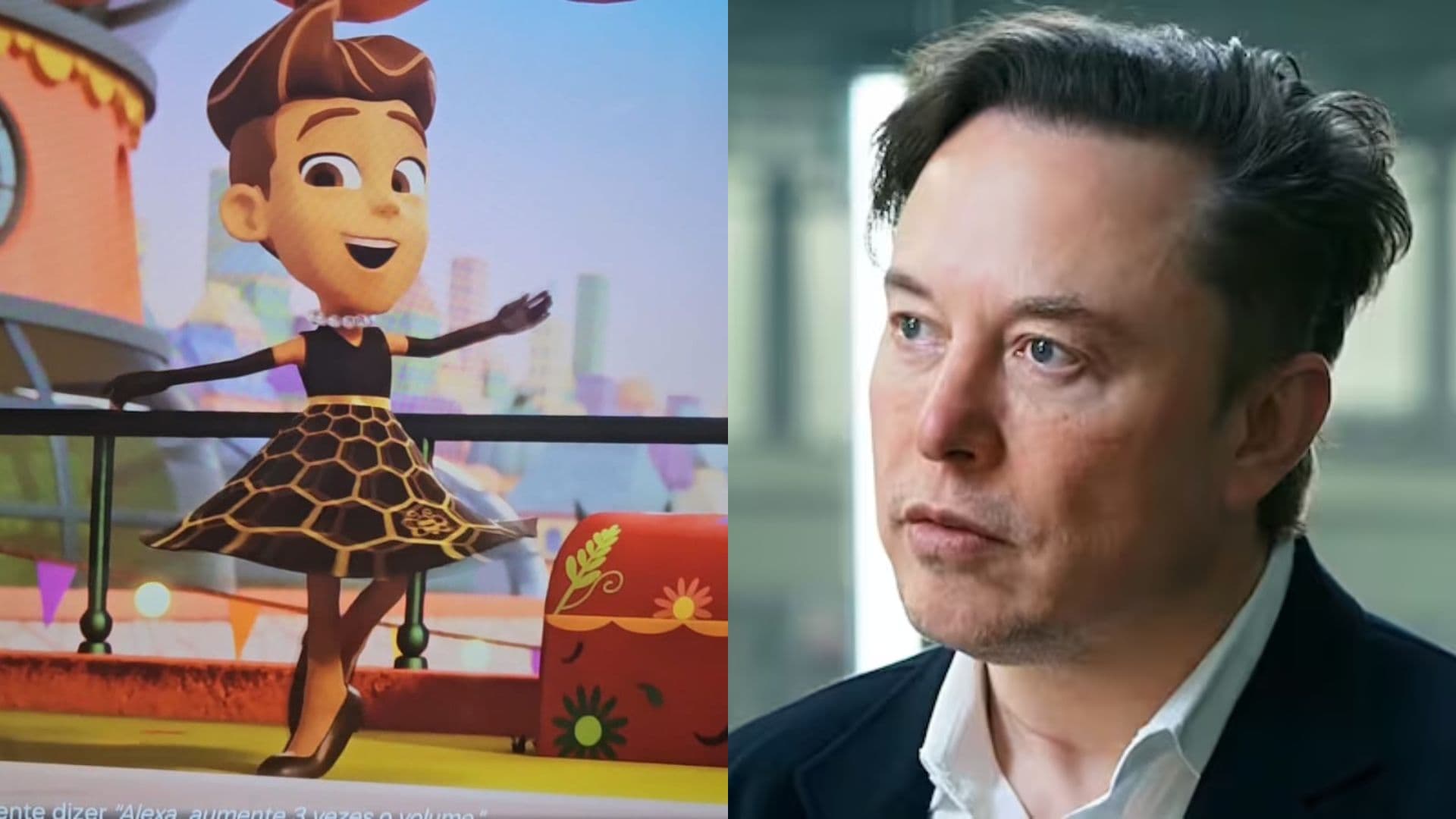 Ao lado esquerdo, cena do desenho Moraguinho da Netflix. Ao lado direito, foto de Elon Musk.