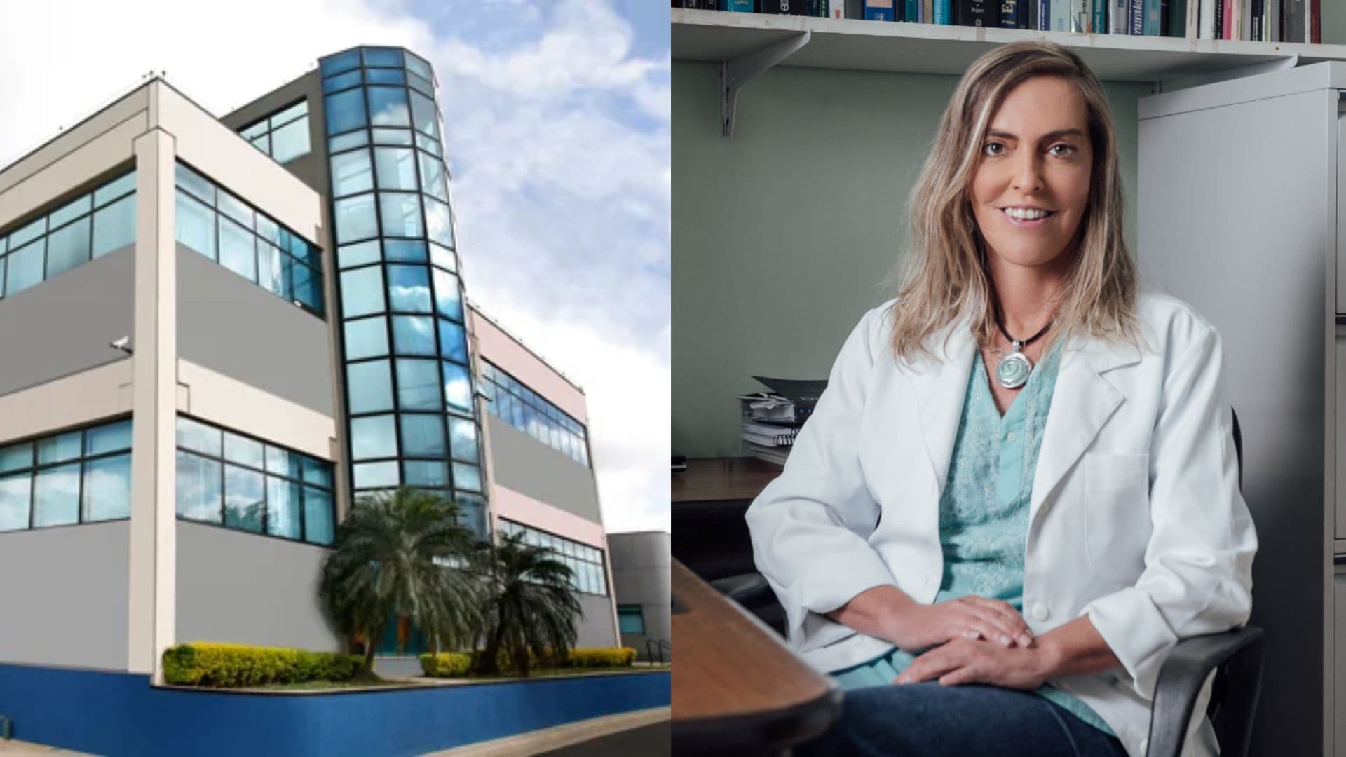 Ao lado esquerdo prédio da Cristália. Ao lado direito a pesquisadora Tatiane Coelho de Sampaio.