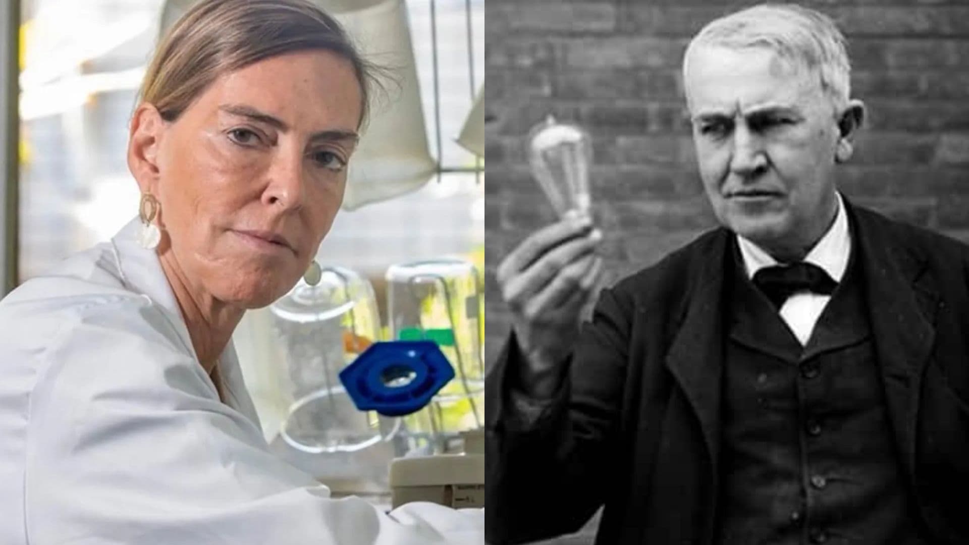 Tatiane Sampaio (à esquerda), pesquisadora brasileira, e Thomas Edison (à direita), inventor da lâmpada elétrica.