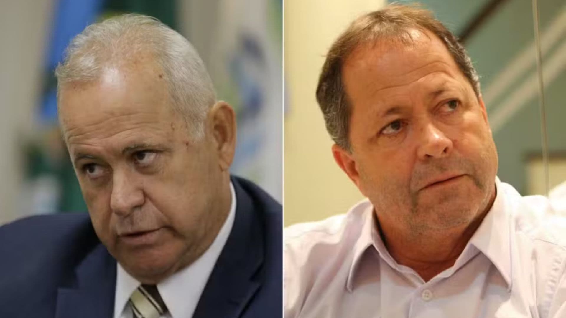 Montagem com dois retratos próximos. À esquerda, Domingos Brazão veste terno azul e gravata listrada, olhando para baixo com expressão séria. À direita, Chiquinho Brazão veste uma camisa social clara e olha para o lado.