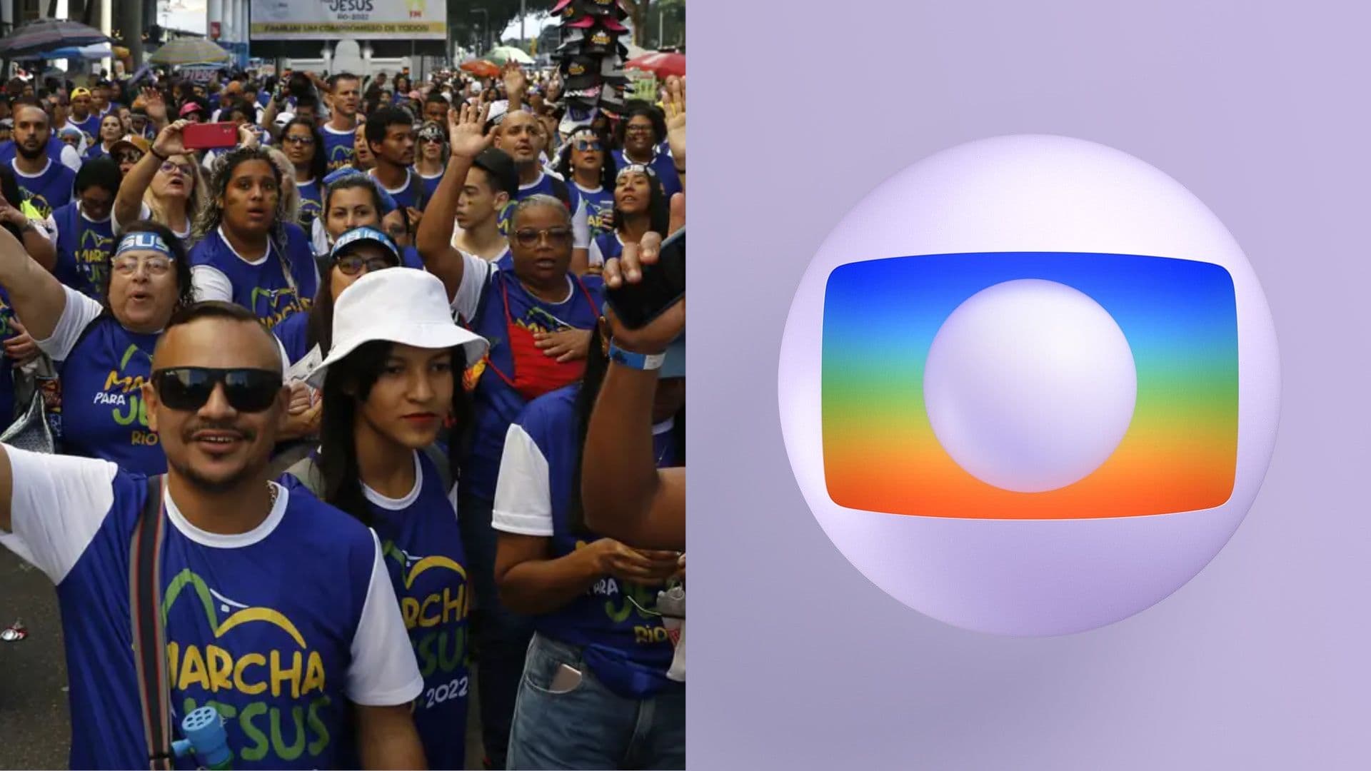 À esquerda, evangélicos participam da Marcha para Jesus que reúne milhões de pessoas anualmente. À direita, a logo da Rede Globo que busca agora atingir o público cristão.